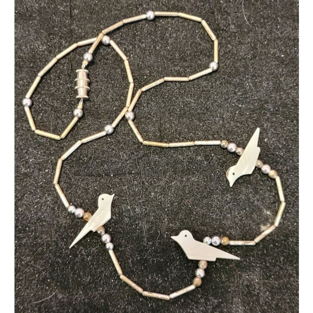 Vintage MOP Carved Bird Fetish Sterling Silver Liquid Bead Strand Southwestern